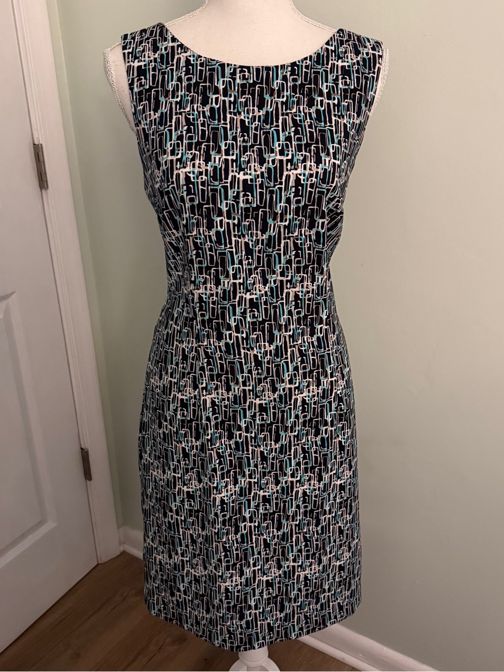 Connected Apparel Black, Teal and White Geometric Sheath Wiggle Dress, size 10.